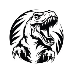 Roaring TRex Head, Silhouette, Black & White, Open Mouth, Sharp Teeth, Claws, Predator © Shipon