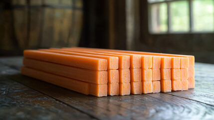 A neatly stacked pile of vibrant orange rectangular soap bars sits on a rustic wooden table in a dimly lit workshop setting.