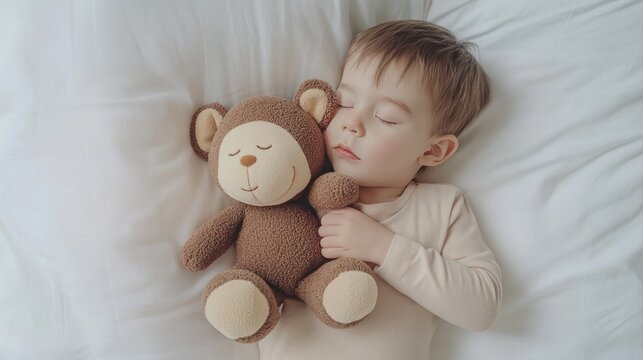 a little boy holding his mongkey doll and sleeping, top view on a white background
