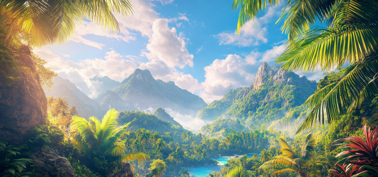 Fototapeta beautiful jungle landscape with mountains and palm trees under bright blue sky creates serene and vibrant scene. Lush greenery and flowing river add to tropical paradise