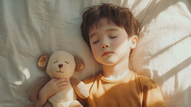 a little boy holding his mongkey doll and sleeping, top view on a white background