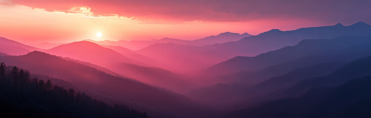 Obraz premium breathtaking panoramic view of Smoky Mountains at sunset, showcasing layers of misty blue and purple hues under vibrant pink sky. serene landscape evokes sense of tranquility