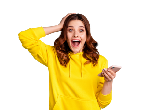 Photo of ecstatic overjoyed rejoicing sweet pretty cute gorgeous youngster having red amazing feednews wearing yellow sweater holding telephone isolated teal vivid color background