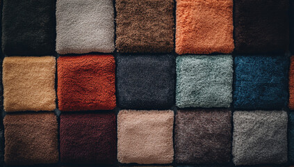 close up of soft plush carpet samples in various colors, including shades of brown, orange, and blue, arranged in grid pattern. texture appears cozy and inviting