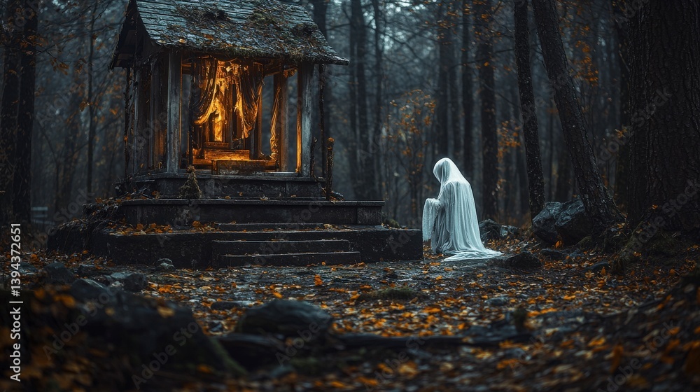 Poster mysterious encounter with a ghost at a twilight forest shrine enchanted landscape ethereal atmospher