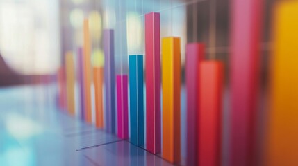 Obraz premium A detailed close-up of a business bar graph with glossy bars, showcasing performance metrics, against a light background with soft focus elements for a professional look.