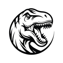 TRex Head Black and White Silhouette Roaring Aggressively with Sharp Teeth and Fierce Eye © Shipon