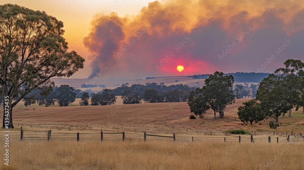 Poster A dramatic sunset obscured by smoke from a distant wildfire, with layers of haze and fiery hues, creating a captivating yet unsettling atmosphere of impending danger.
