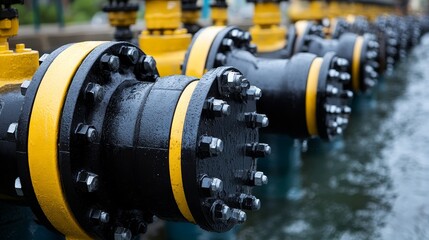Obraz premium Industrial Pipeline System Water Treatment Plant with Close-up on Black and Yellow Valves
