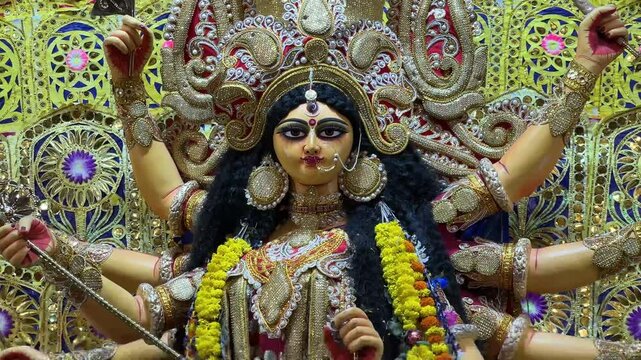View of a beautifully decorated Durga Maa in Kolkata.