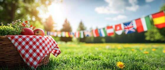 Wicker picnic basket with red checkered cloth on lush green lawn