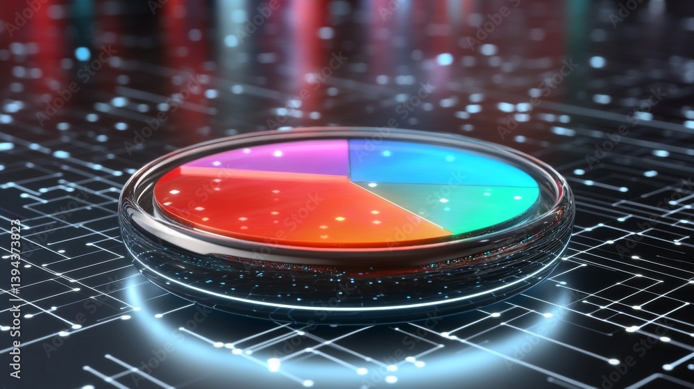 Poster a dynamic d pie chart rotating on a digital interface, showcasing real-time data analysis with color