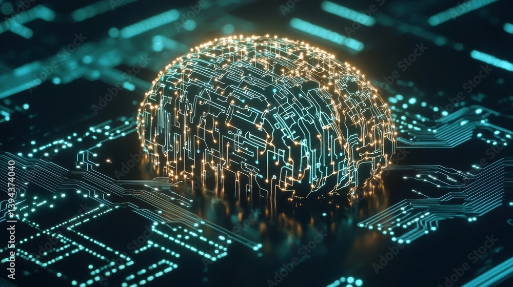 Poster a glowing brain composed of circuit patterns, set against a digital background, symbolizing the inte