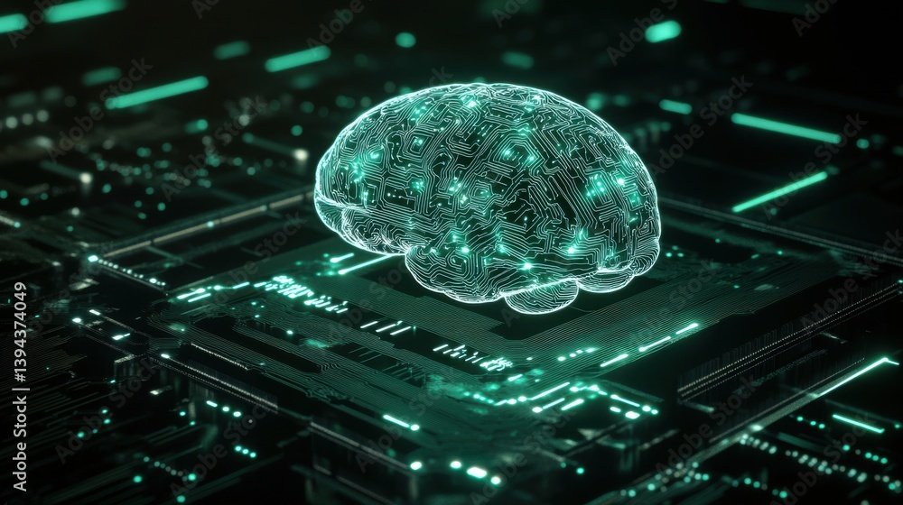 Poster a digital brain made of circuits, glowing in teal, rests on a microchip, symbolizing artificial inte