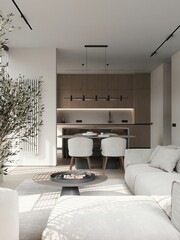 Stylish contemporary living room with design furniture, plants, bamboo bookstand and wooden desk. Brown wooden parquet. Abstract painting on the white wall. Nice apartment. Modern decor of bright room