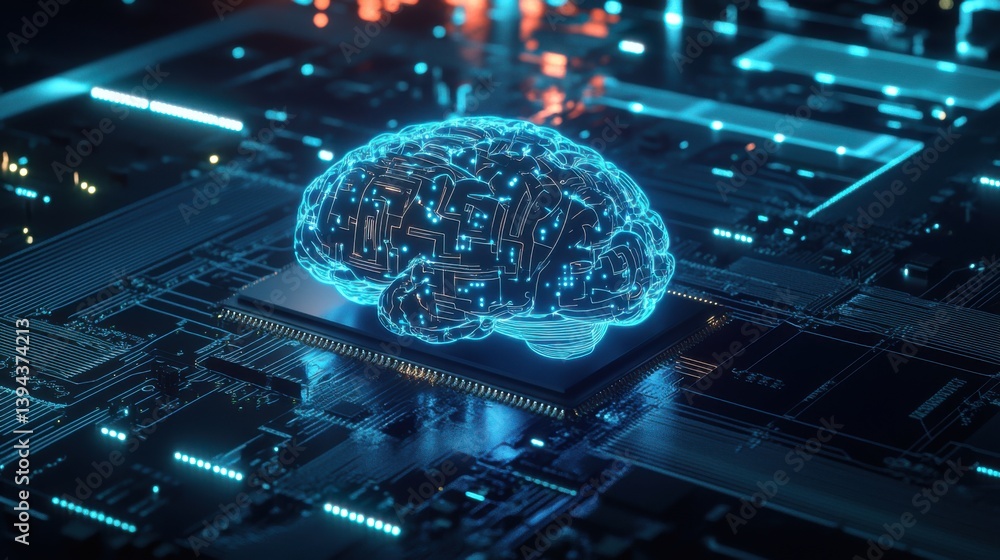 Poster a glowing blue brain is depicted on a circuit board, symbolizing the intersection of technology and 