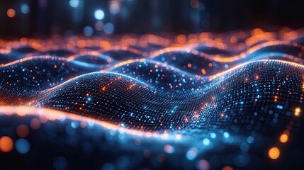 Abstract digital wave, glowing particles, dark background, tech concept