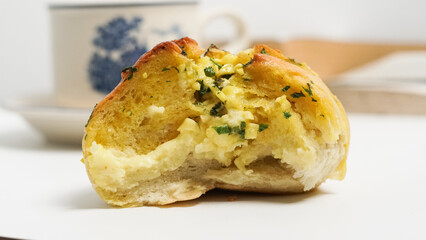 close up Bitten Korean Garlic Cheese Bread