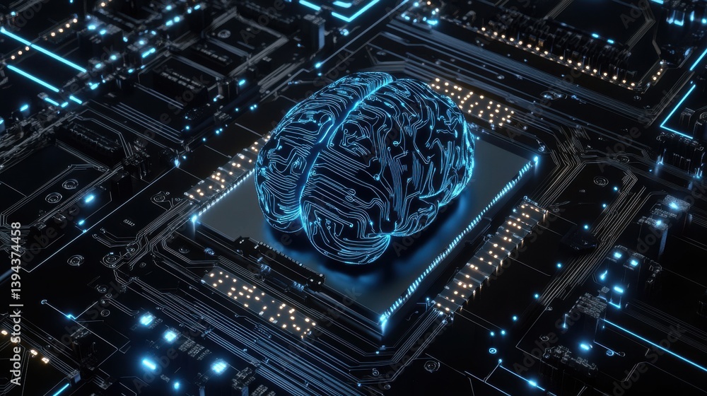 Poster a digital representation of a brain on a circuit board, symbolizing artificial intelligence and tech