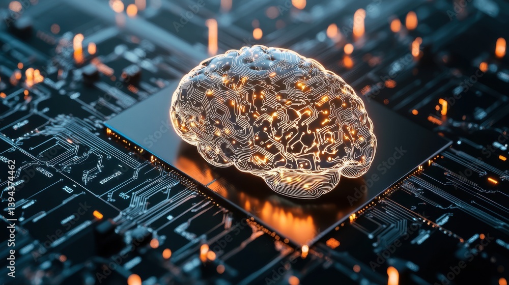 Poster a glowing brain made of circuitry sits on a circuit board, symbolizing the intersection of technolog