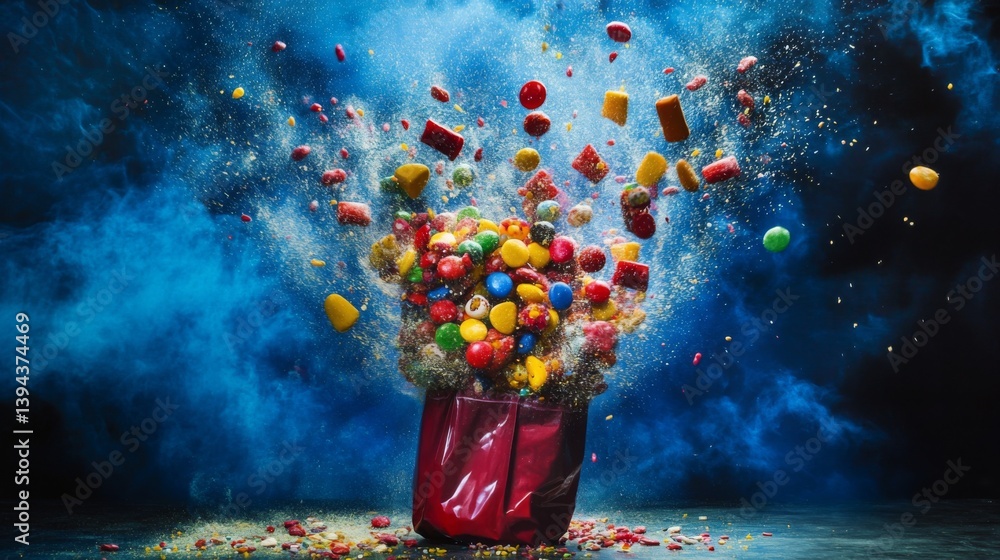 Poster A dynamic image of a handful of assorted candies spilling from a colorful bag onto a bright surface, capturing the excitement and abundance of sweet treats.