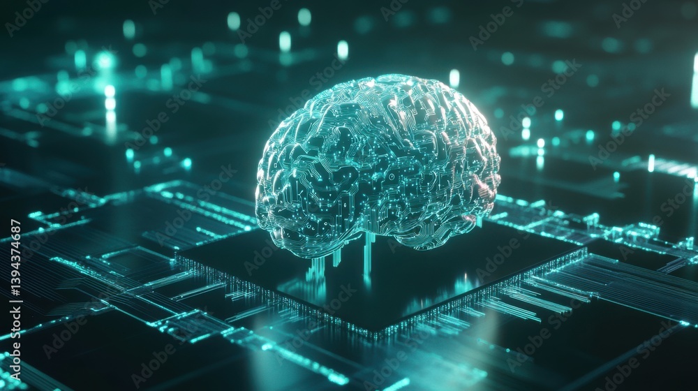 Poster a glowing digital brain on a circuit board, symbolizing artificial intelligence and advanced technol