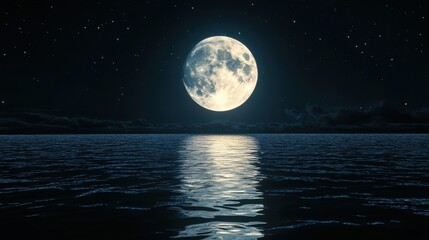 A serene night sky featuring a bright full moon reflecting on calm ocean waters, surrounded by twinkling stars.