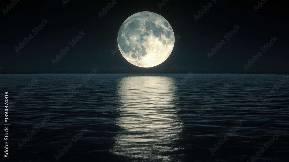 Poster a serene night scene featuring a full moon reflecting on calm waters, creating a tranquil and enchan