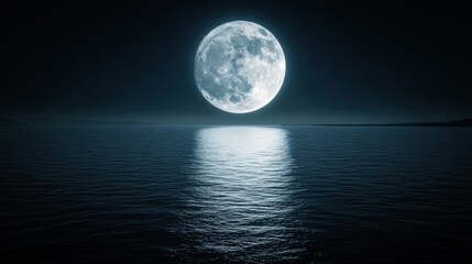A serene night scene featuring a large, luminous full moon reflecting on calm water under a dark sky.