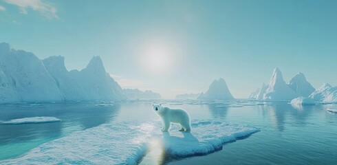 Fototapeta premium Polar bear cub standing on ice floe in icy ocean.