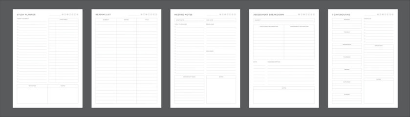 Study Planning Pages Planner Sheet Design Template Set of 5 pages for Organizing Study Sessions, Goals, Timelines, Assignments, Exams, and Progress Tracking for Effective Learning and Academic Success