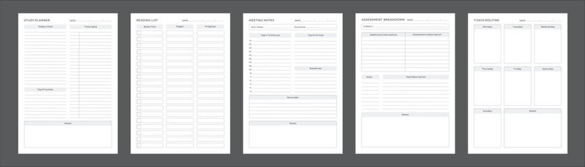 Study Planning Pages Planner Sheet Design Template Set of 5 pages for Organizing Study Sessions, Goals, Timelines, Assignments, Exams, and Progress Tracking for Effective Learning and Academic Success