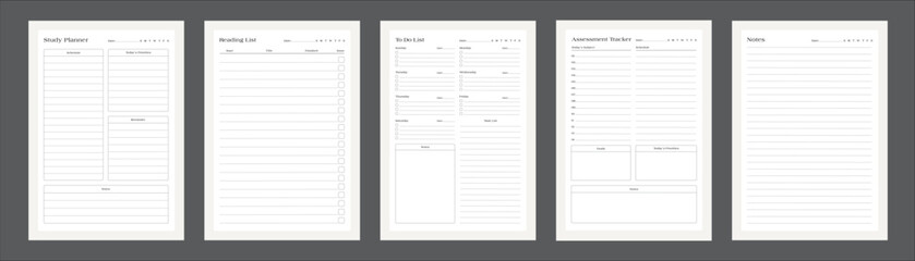 Study Planning Pages Planner Sheet Design Template Set of 5 pages for Organizing Study Sessions, Goals, Timelines, Assignments, Exams, and Progress Tracking for Effective Learning and Academic Success