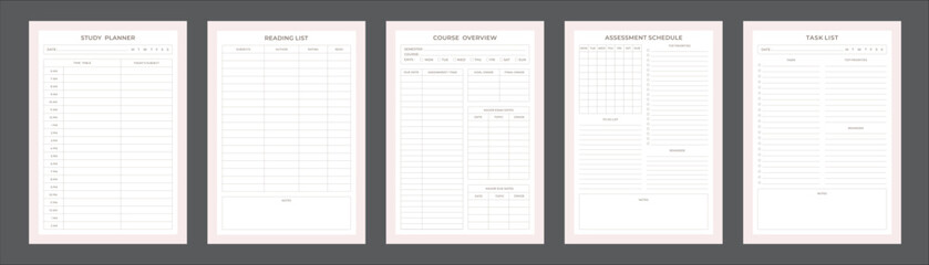 Study Planning Pages Planner Sheet Design Template Set of 5 pages for Organizing Study Sessions, Goals, Timelines, Assignments, Exams, and Progress Tracking for Effective Learning and Academic Success