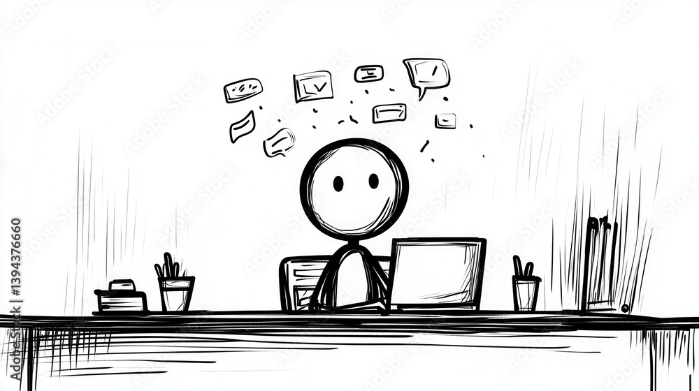 Poster a stick figure sits at a desk with a laptop, surrounded by floating speech bubbles, depicting a scen
