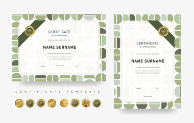 Certificate of appreciation template with modern green design. Editable vector layout with luxury award badges. Suitable for professional recognition, achievement, or course completion.