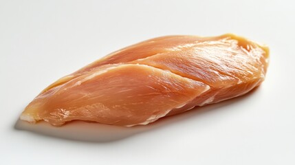 A raw chicken breast fillet displayed on a white surface, showcasing its smooth texture and pale pink color.