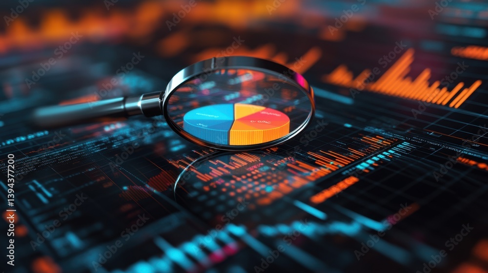 Poster a magnifying glass focuses on a colorful pie chart, surrounded by digital graphs and data, reflectin