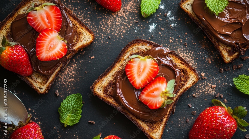 Poster a flat lay of toasted bread with a layer of rich chocolate spread, topped with fresh strawberries an