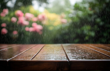 rainy day scene with wooden table and blurred garden background, featuring raindrops and vibrant flowers. atmosphere is serene and refreshing