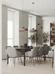 Wooden kitchen room with dining table and bar chairs, parquet floor. Kitchen open space room near living room area with bookshelf, wooden light furniture, 3D rendering no people