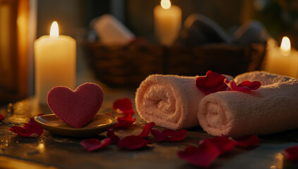 romantic spa setting with heart shaped decor, candles, and rose petals creates serene and intimate atmosphere. Soft towels add to relaxing ambiance