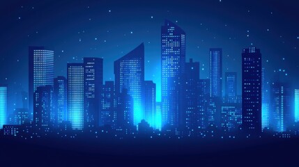 Obraz premium A vibrant, blue-toned city skyline with illuminated skyscrapers against a dark night sky, creating a modern urban atmosphere.