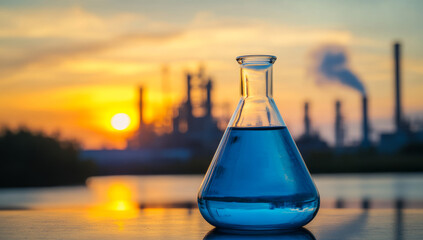 conical flask filled with blue liquid sits on table against vibrant sunset, with industrial factory in background, creating contrast between science and industry