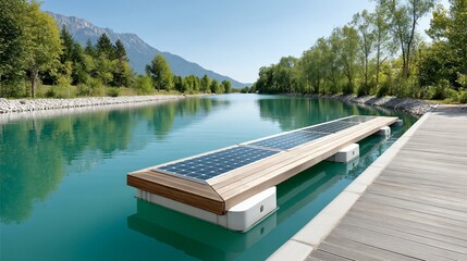 Floating solar panel system on a calm lake generating renewable energy with reflections of the sky and clean atmosphere
