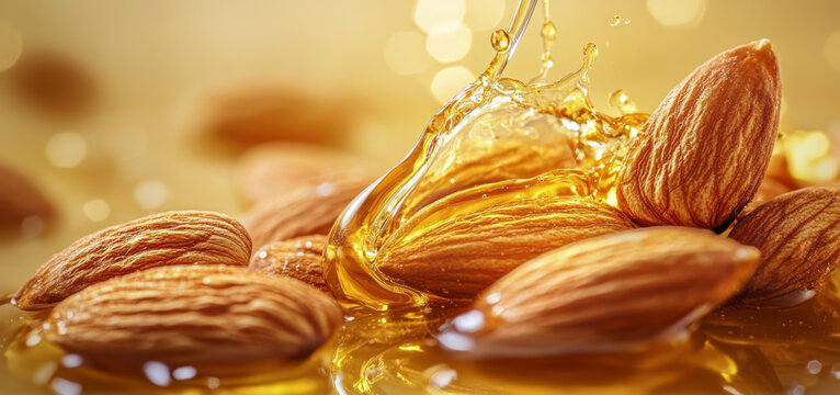 Almonds with splash of golden oil create rich and inviting scene, highlighting texture and sheen of nuts. warm tones evoke sense of luxury and indulgence