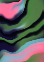 Abstract gradient background with smooth pink, green, black, blue colours transitions on dark background with grainy texture. Presentation template.