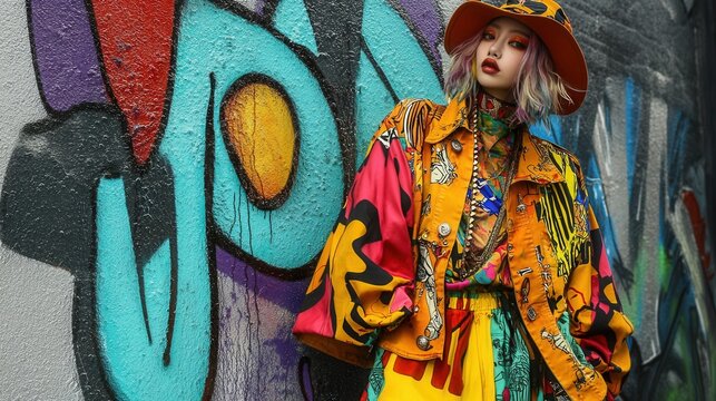 individuals in bold, colorful street fashion outfits, clashing prints, oversized jackets, graffiti-covered walls, energetic and creative urban style 