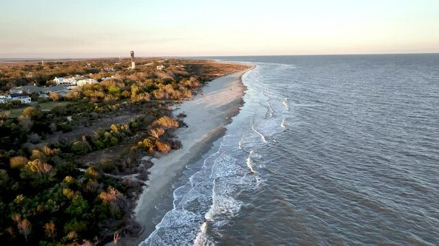 aerial pullout of sullivan's island sc around sunset