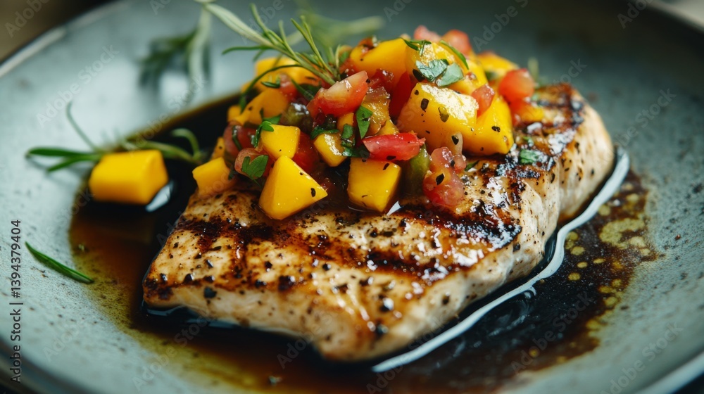 Poster a gourmet fish steak topped with mango salsa, served on a stylish plate with a drizzle of balsamic r